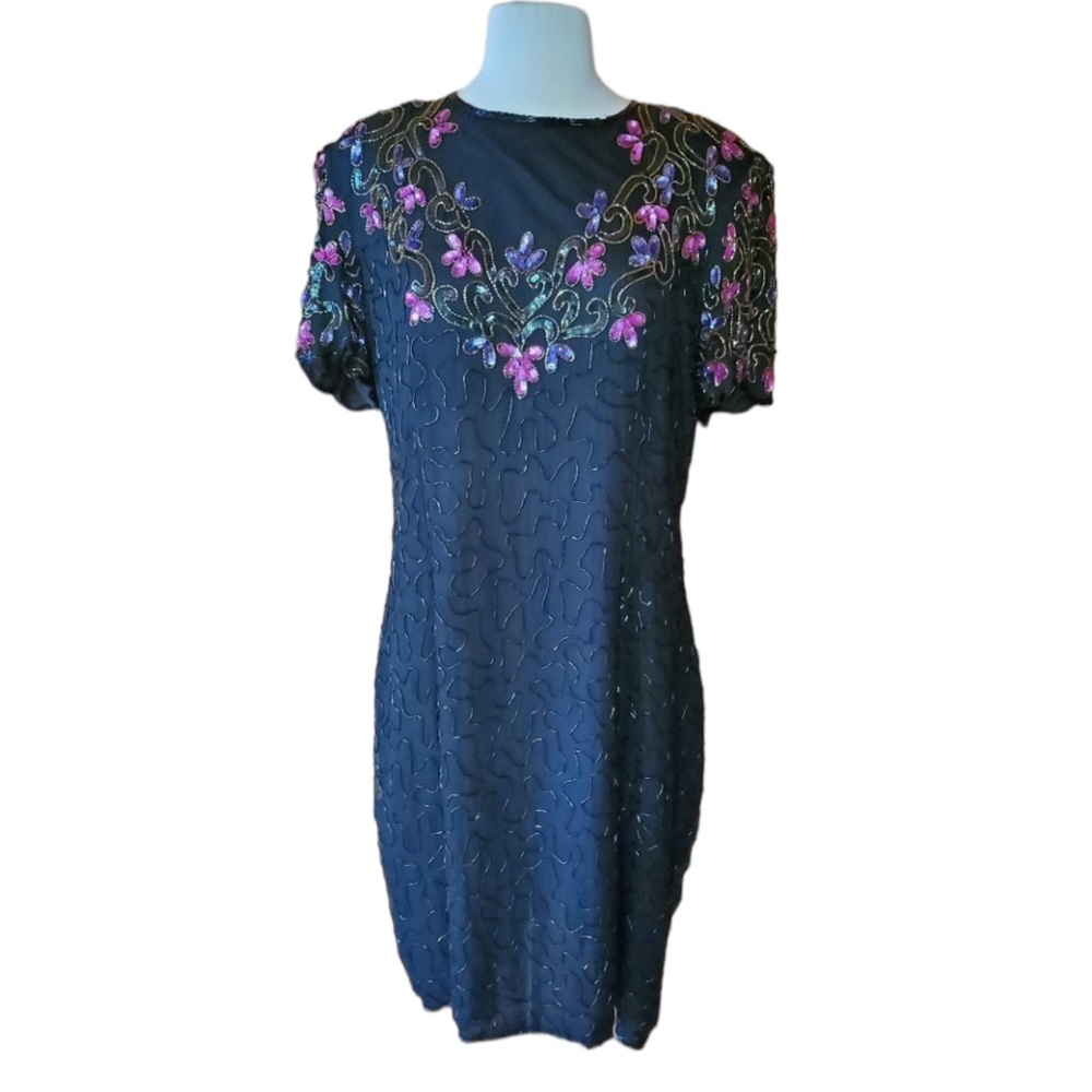 1980s Unlabeled Black‎ & Pink Floral, 100% Silk Dress
